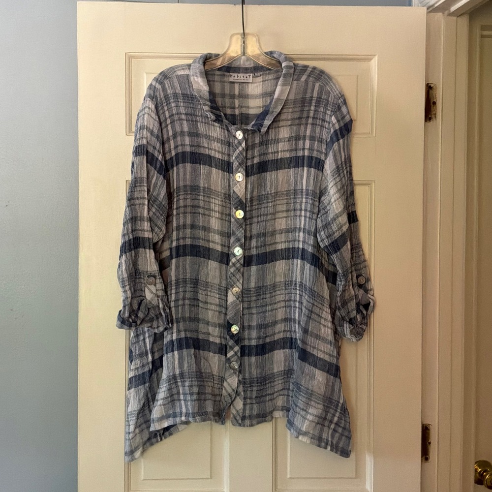 Habitat Blue Plaid Linen Button Up Tunic Top XL Coastal Lagenlook Relaxed Artsy